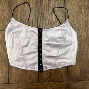 Metallic Silver Corset Crop Top Hook‎ Eye Front Spaghetti Strap Festival S/M